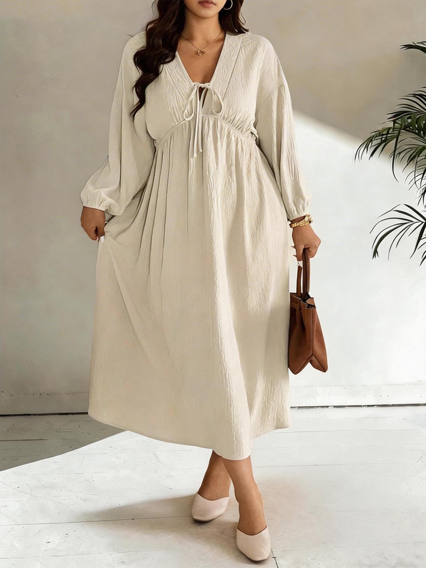 Plus Size Women s V-neck Drawstring Casual Long Dress 1XL