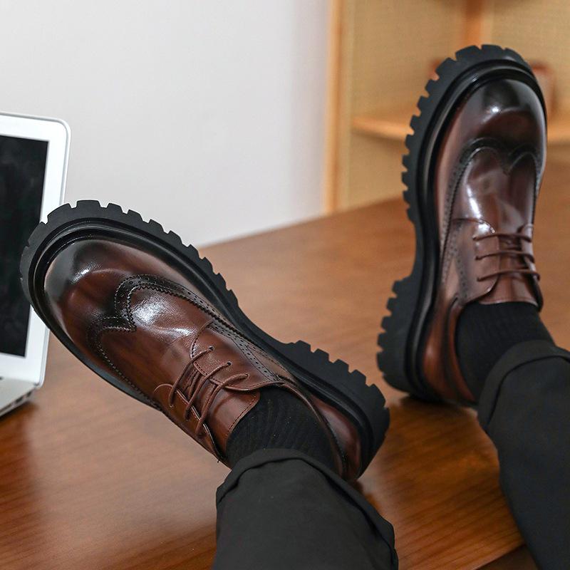 Men's British Style Round Toe Brogue Lace-up Height-Boost Business Casual Shoes