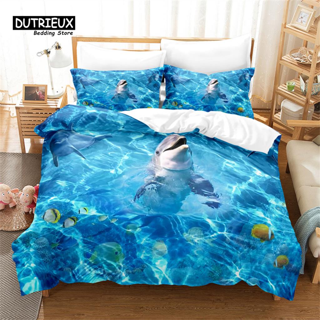 

Комплект пододеяльника с дизайном голубого дельфина, Модный постельный комплект, Мягкий удобный дышащий пододеяльник, Для декора спальни, гостевой комнаты EU single(135x200cm)