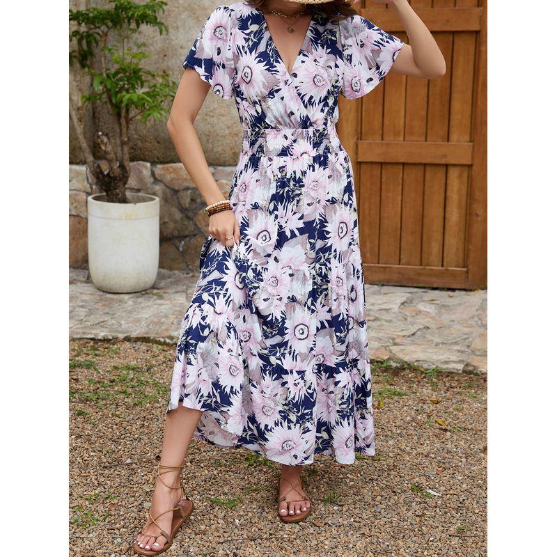 

Sweet Summer New European and American Cotton Silk V-neck Big Flower Waist Hugging Slimming Mid-Length Short sleeve Dress Vacation Long dress Picture Color XL