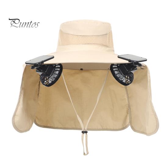 Solar Fan Hat with Neck Flap UPF 50+ UV Protection Hat with 2 Solar Fans Breathable Men Summer Outdoor Activities Fishing Wide Brim Bucket Cap