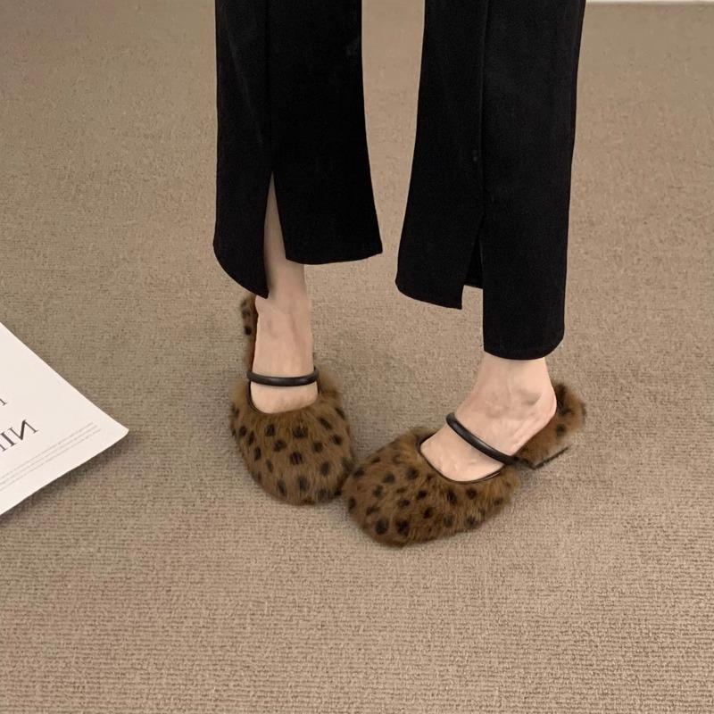 Design Sense Niche Leopard Print Bag Head Half Drag Hair Shoes Women Wear Lazy One Pedal Plush Heel Muller Shoes