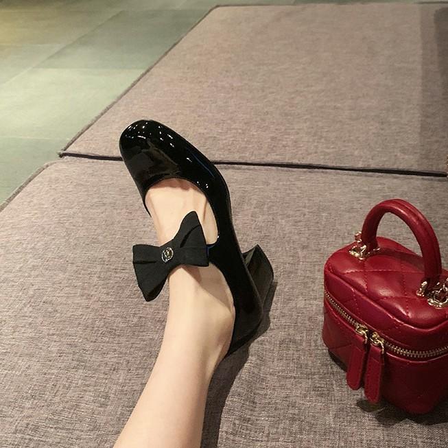 Schafsleder-Version~ Lackleder-Schleife mit hohen Absätzen Mary Jane Einzelne Schuhe Damen Dicke Ferse Socken mit Abendschuhen