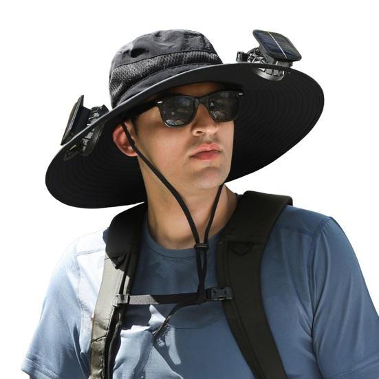 Fisherman Hat with Dual Brushless Cooling Forehead Neck Solar Fans UPF50 Anti-UV Fabric Wide Brim Adjustable