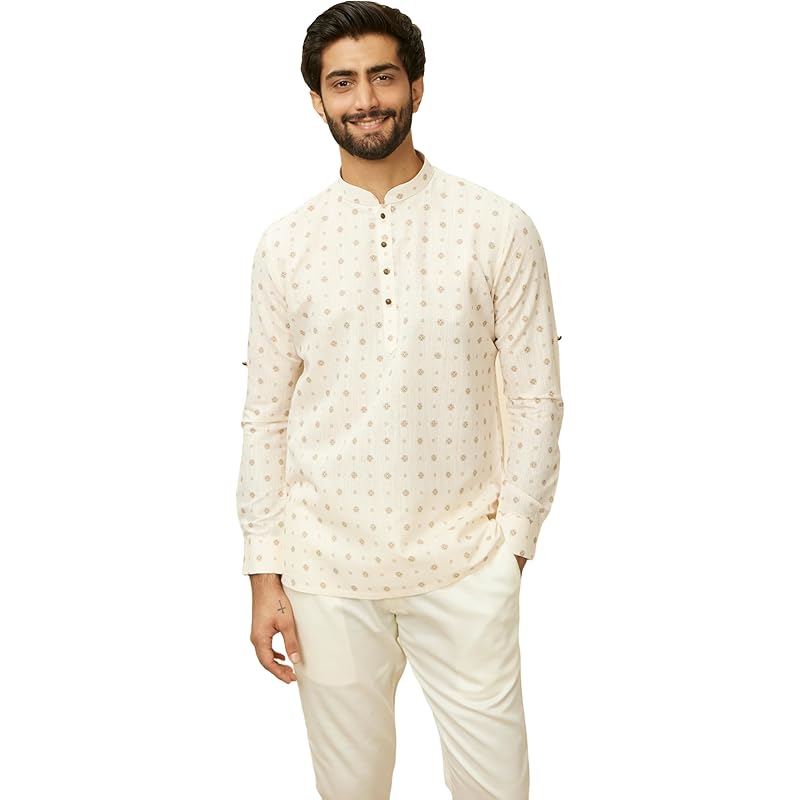 Manyavar Printed Casual Full Sleeves Short Kurta for Men - (Beige, Medium)