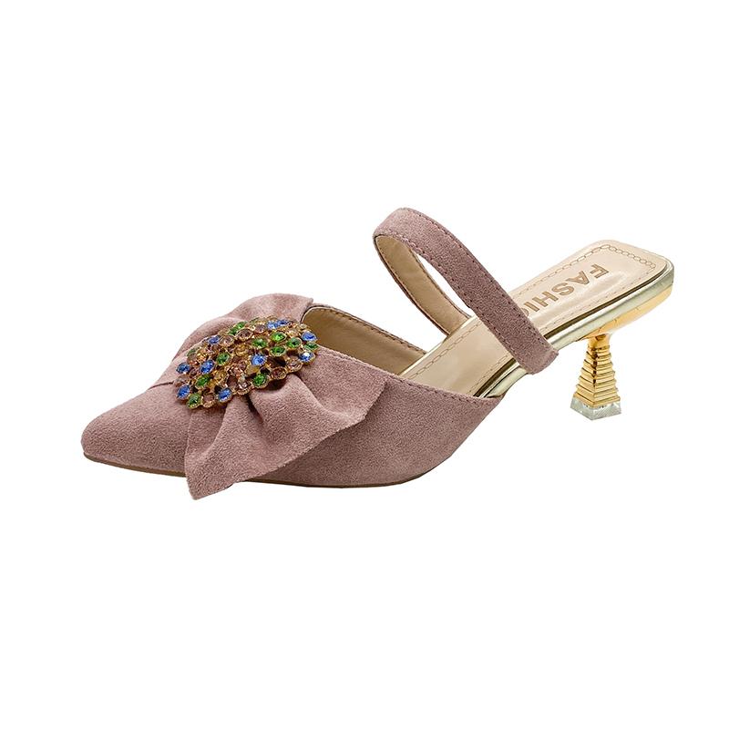 

Мода 2025 Лето Уличные Женские Шлепанцы с Закрытым Носком Кристальная Бабочка Острый Носок Тонкий Каблук Сандалии для Моды Повседневные Платье Шлепанцы 39 розовый