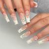 24pcs French Press On Nails with Rhinestone Gems and Pearlescent White Tips - Extra Long Coffin Ballet False Nails for Women and Girls Glossy and Glue