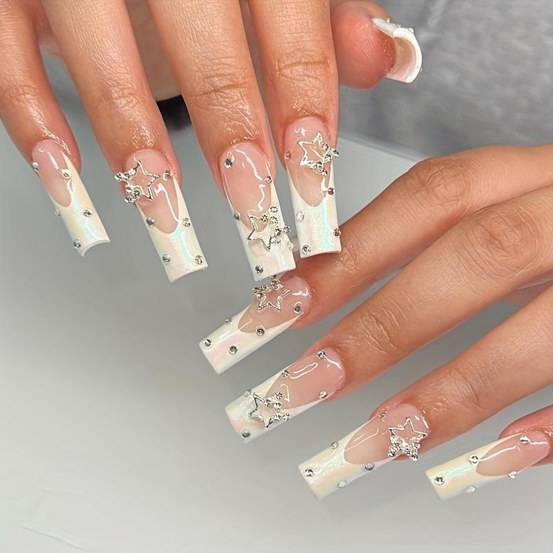24pcs French Press On Nails with Rhinestone Gems and Pearlescent White Tips - Extra Long Coffin Ballet False Nails for Women and Girls Glossy and Glue