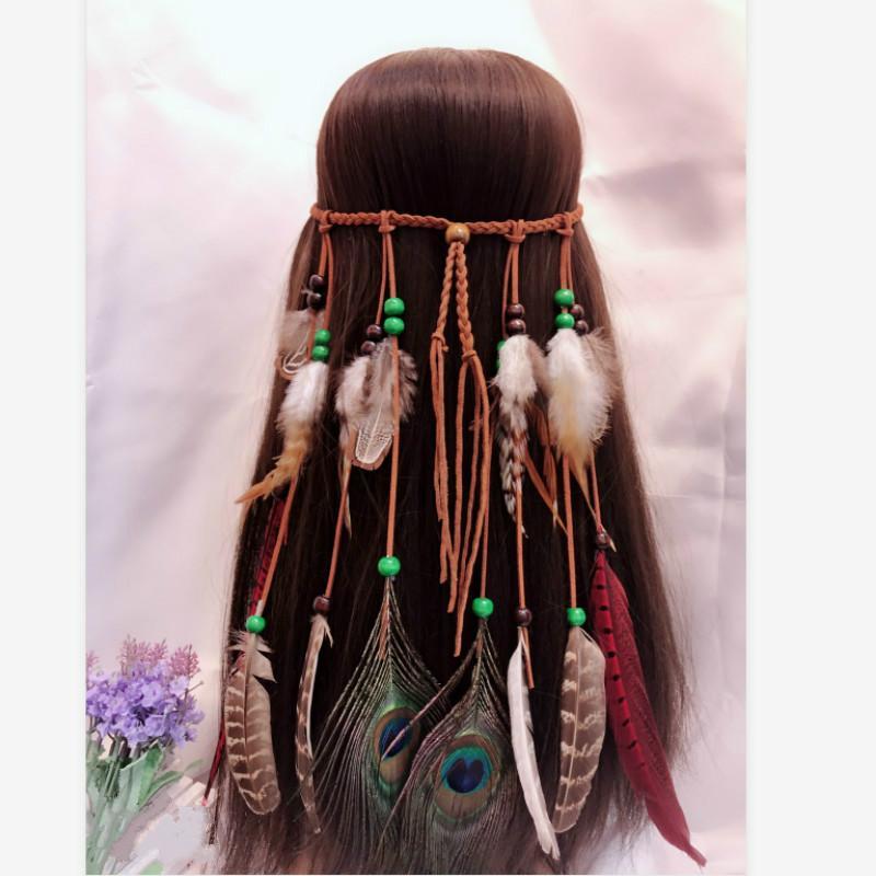 

1 Pcs Bohemian Feather Headband Hair Tie Ethnic Style Headpiece Peacock Feather Gypsy Indian Hair Accessories чорний