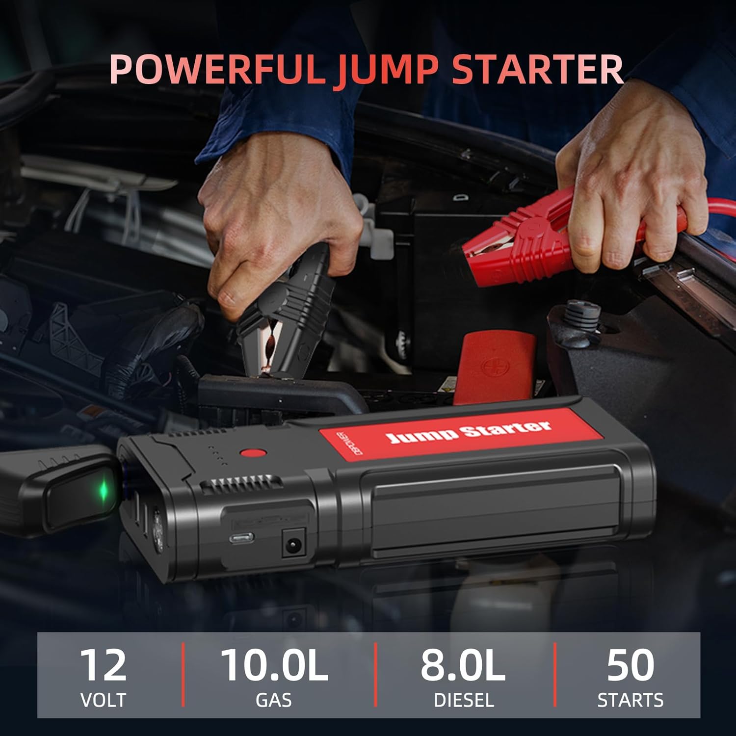 

Jump Starter 2750A 76.96Wh Portable Car Battery Booster 12V with Smart Clamps, Quick Charger, LED Light United States
