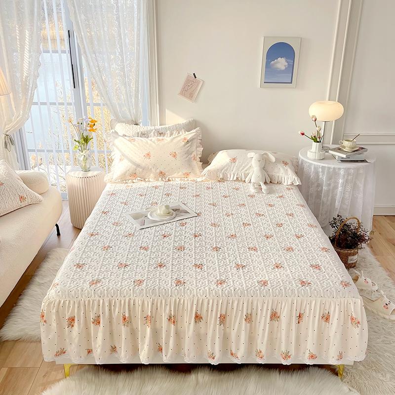 1pc Pure Cotton Thicken Quilted Mattress Cover with Skirt Queen/King Bed Sheet Skirt Elastic Band 200x220cm  (No Pillowcase)