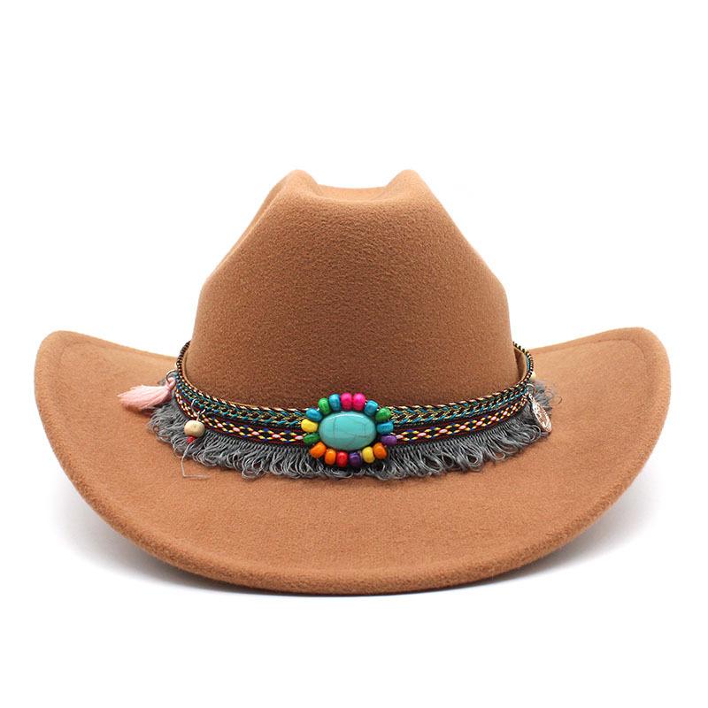 Ethnic Style One-Word Top Cowboy Top Hat, Rolled-Brimmed Felt Hat, Men'S And Women'S Outdoor Western Cowboy Top Hat, Woolen Jazz Hat
