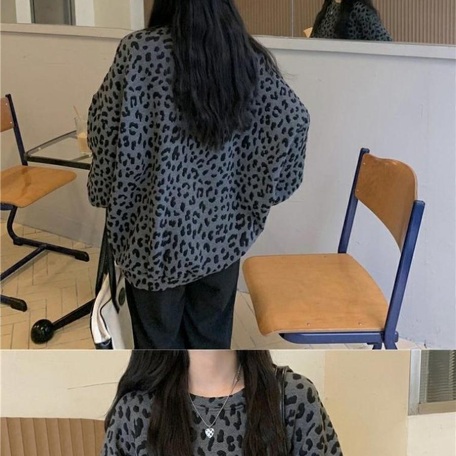 Leopardmönstrad Rundhalsad Fleecetröja för Kvinnor Vår/Höst 300lbs Design Mode Lös Vardaglig Långärmad Topp