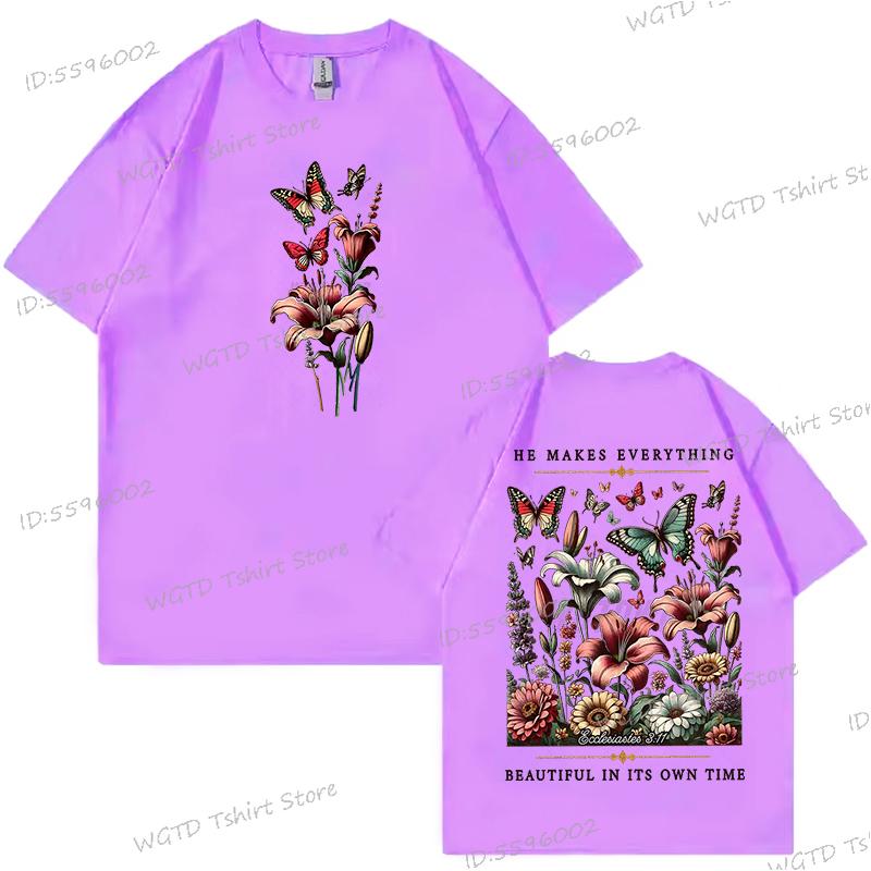Christian Floral Vintage Boho T-shirt Women He Makes Everything Beautiful Graphic Tee Inspirational Retro Flower Religious Shirt