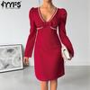 Women's Fashion Spring Fall Solid Color Print Long Sleeve V-Neck High Waist Casual Dresses
