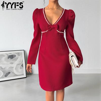 Robes décontractées pour femmes, mode printemps-automne, couleur unie, imprimé, manches longues, col en v, taille haute
