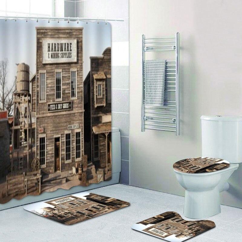 4PCS Western Town Rustic Hardware Store Shower Curtain and Rug Set