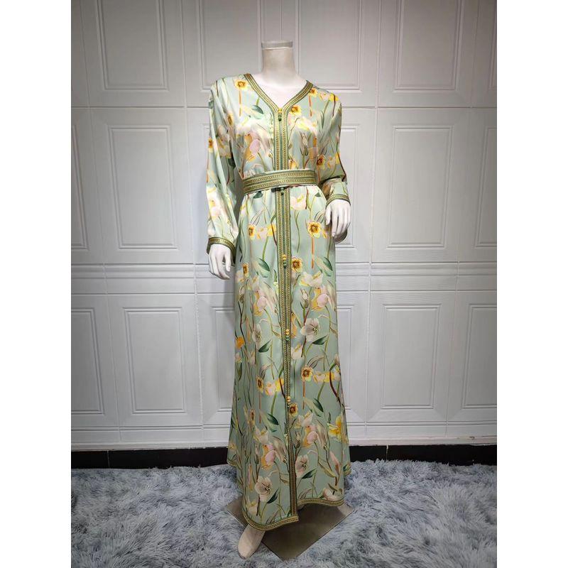 

New Arrival Ethnic Style Webbing Patchwork Printed V-neck Belt Dress V-Neck Printed Belt Dress Light green M