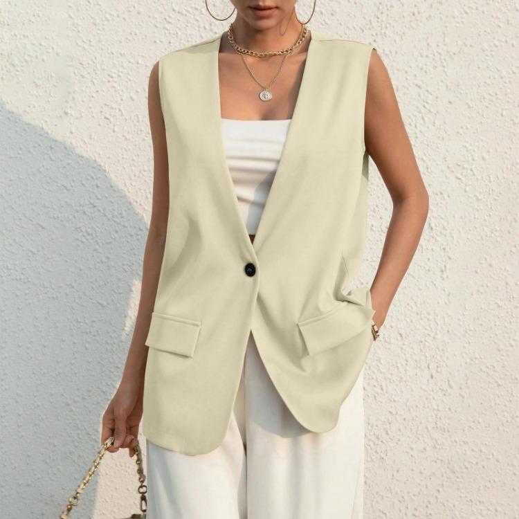 Women's Casual Summer Work Suit Vest Sleeveless V Neck Single Button Solid Color Jacket