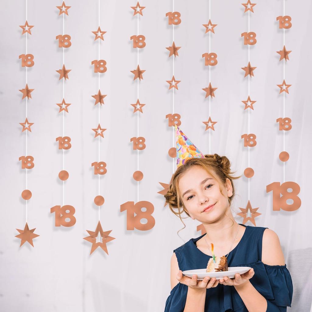 Rose Gold 18th Birthday Decorations for Girls, 8 PCS Number 18 Circle Dot 3D Star Metallic Hanging Streamer Happy 18 Year Old Birthday Party Supplies