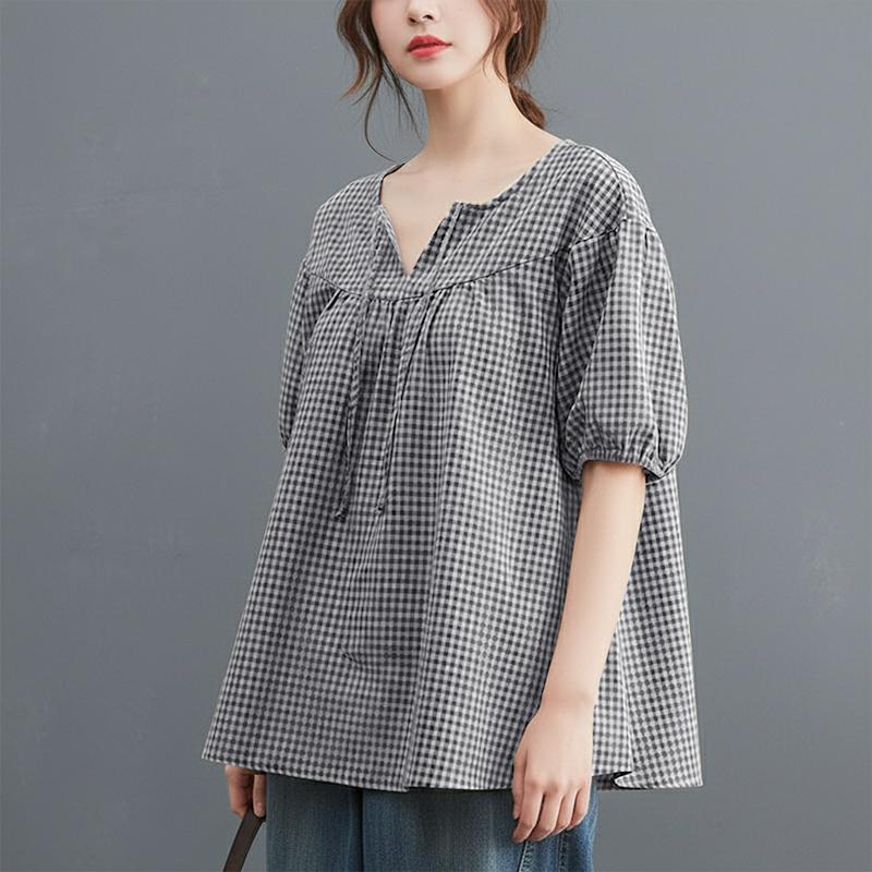 ZANZEA Women Plaid Print Casual Round Neck Half Sleeve Blouse