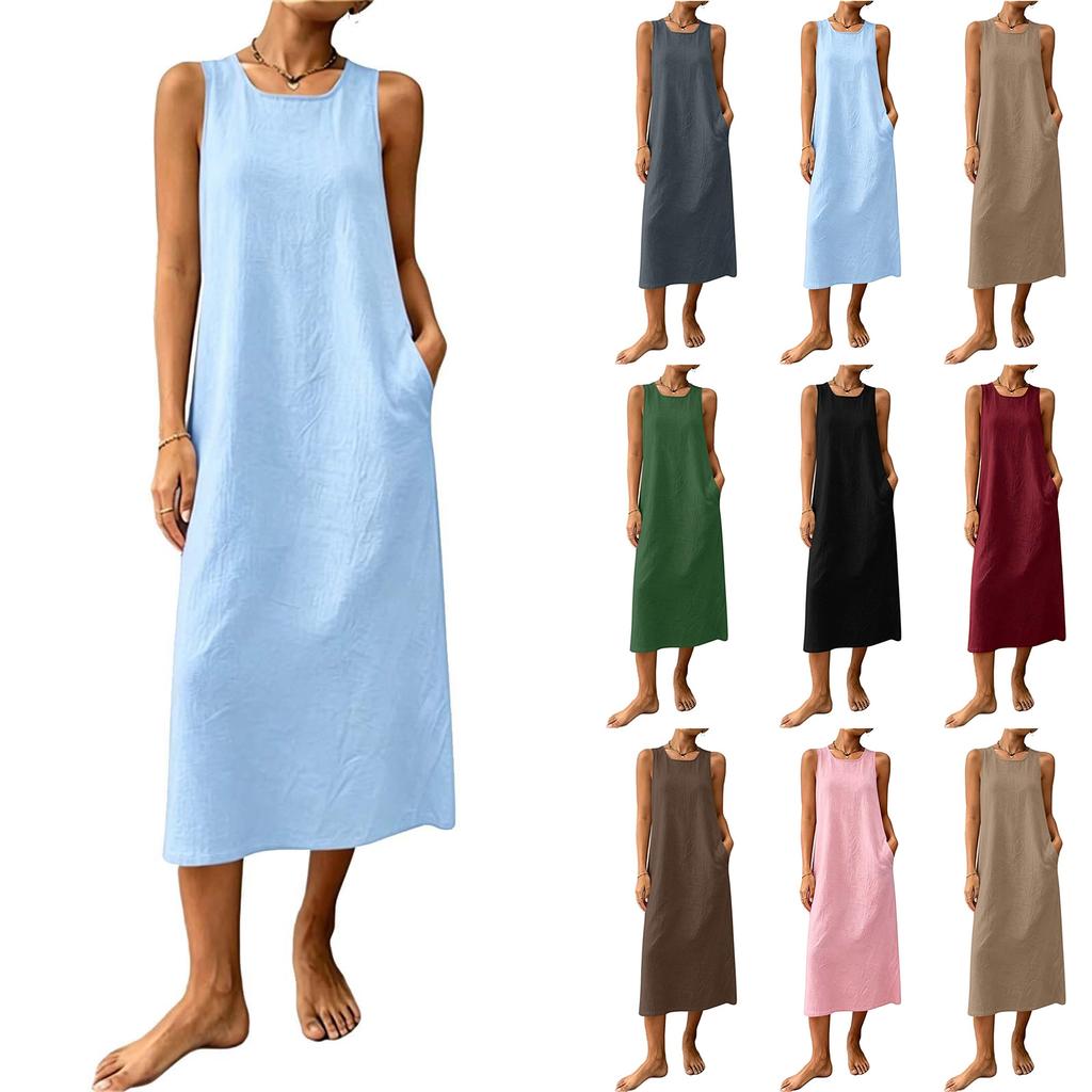 Ärmelloses Damen-Freizeitkleid aus Leinen-Baumwollmischung, Midi, lockere Passform, Rundhalsausschnitt, Sommer-Strandkleid mit Taschen