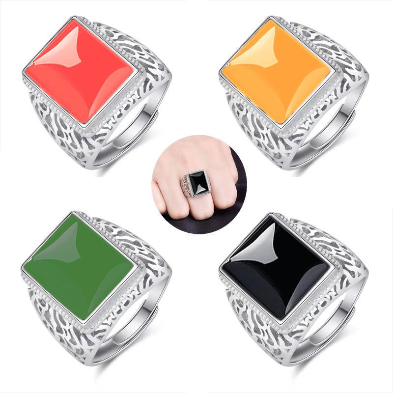 Ethnic Hollow Imitation Green Agate Men Adjustable Ring