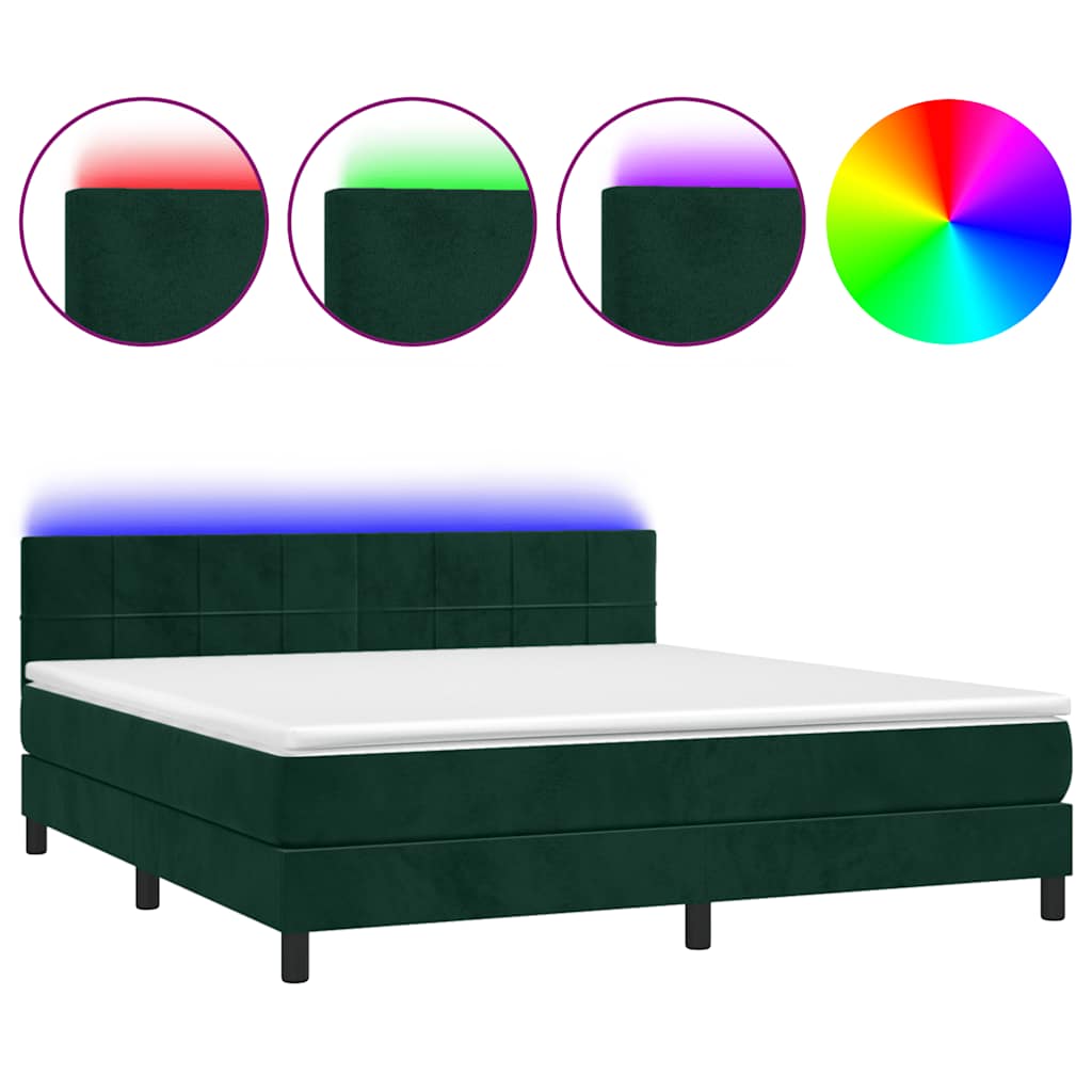 Box Spring Bed with Mattress & LED Lighting Dark Green 160 x 200 cm Velvet