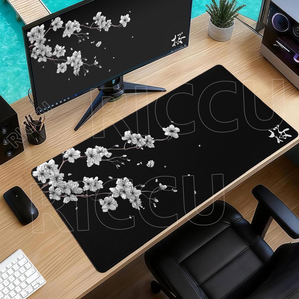 Alfombrilla de ratón Blanco y Negro Flores de cerezo japonesas Gamer Alfombrilla de ratón extendida HD XXL Alfombrillas para teclado Alfombra Gabinete de PC Alfombrillas de ratón Alfombra