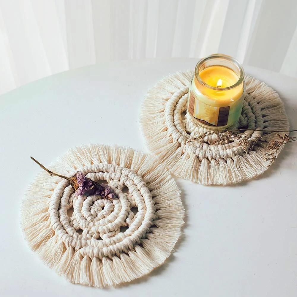 Table Decoration Handwoven Macrame Coasters Cotton Rope Braided Placemats Cup Pad Table Decor Heat Resistant Table Mat Cup