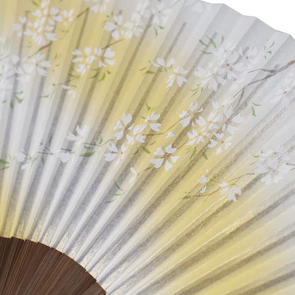 Folding Fan, Kyoto Style, Made In Japan, with a Karaki Wood Frame and a Pearlescent Finish, Featuring Cherry Blossoms.