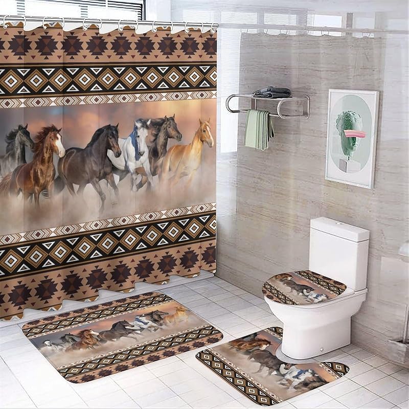 Rustic Aztec Horse 4 Pieces Shower Curtain Set,Boho Abstract Tribal Farmhouse Western Desert Horse Non-Slip Rugs Toilet Lid Cover Bath Mat and