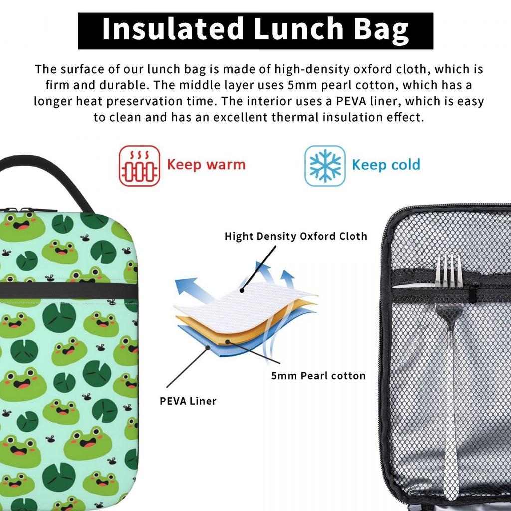 Cartoon Niedliches Froschmuster auf Lotusblättern Isolierte Lunchtasche für Damen Kinder Auslaufsichere Lebensmittelboxen Thermische Lunchbox Tragetasche