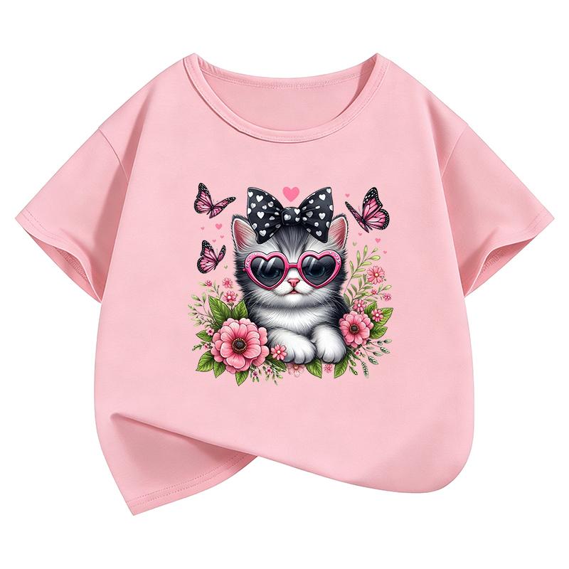 Kawaii Cat Floral Butterfly Design TShirt Girls Summer Clothes Short Sleeve Cat TShirts Cute Kids Clothing T Shirt