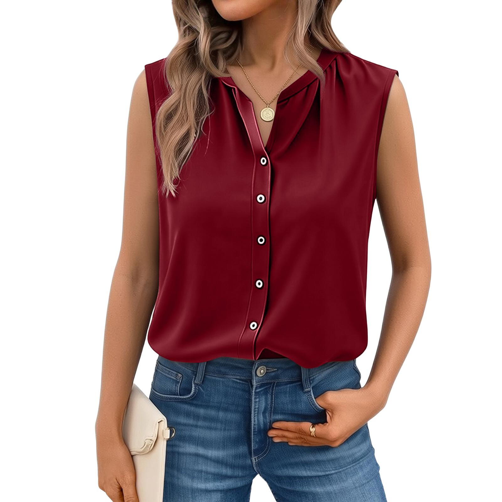 

Sleeveless V Neck Button Down Blouse for Women Casual Loose Fit Lightweight Summer Top with Front Pleat Design XL винний