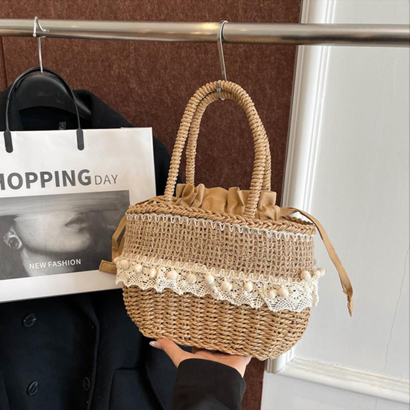 

2025 New Desig Women Summer Handwoven Fashion Straw Handbags Lady Bohemia Retro Lace Rattan Tote Bag Travel Holiday Beach Bag