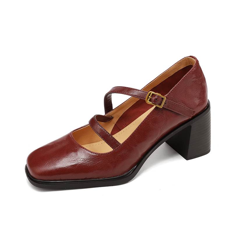 Krazing Pot Sheepskin Round Toe Size 41 Chunky High Heels Buckle Straps Vintage Autumn Pumps