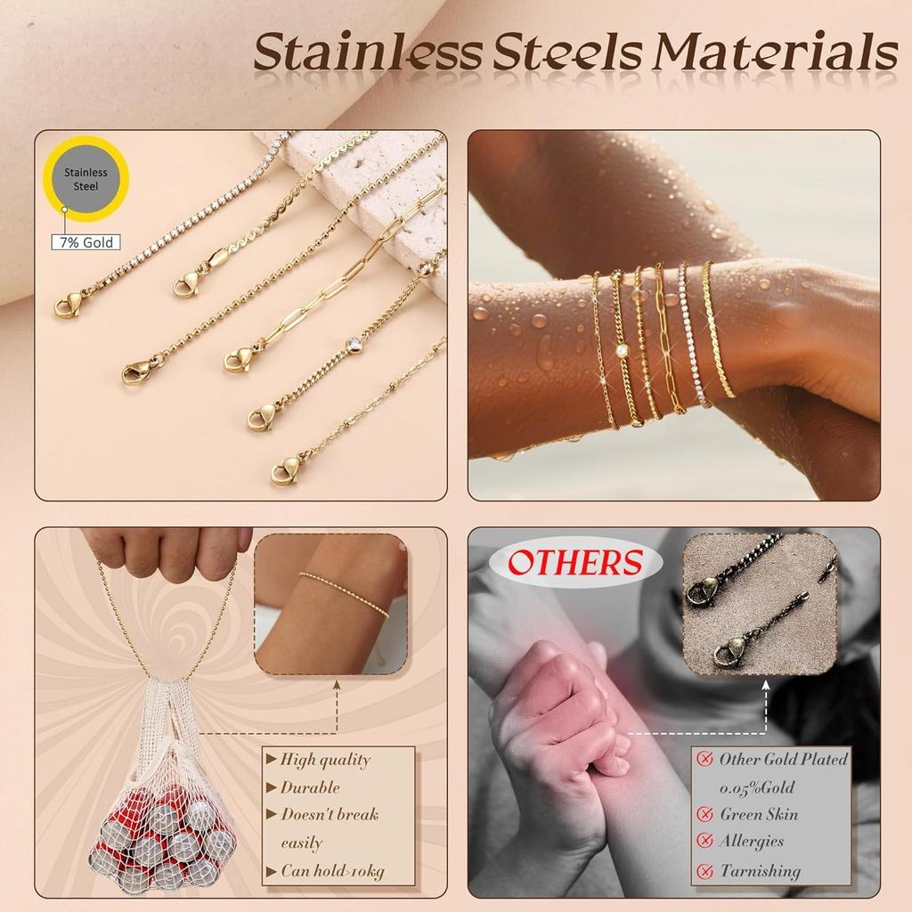 Bobisty Gold Plated Bracelet for Women Stainless Steel Stacking CZ/Link/Tennis/Bead Chain Ankle Bracelet Jewellery