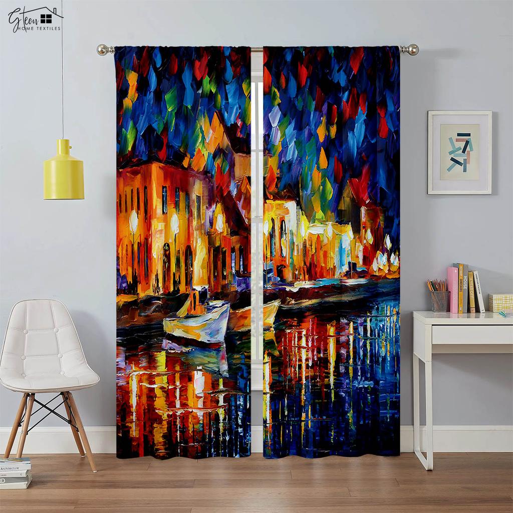 Artistic Oil Painting Printed Window Drapes American Retro Room Darkening Curtains Study Studio Living Area Bedchamber Window Decoration Curtains
