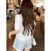 Sweet Summer K-style Fashion Minority Design V-neck Embroidery Lace Patchwork Loose Bubble Short Sleeve Shirt Top