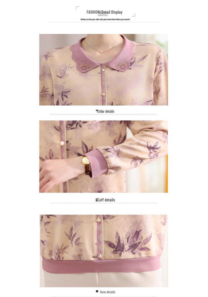 Elegant Floral Lapel Top for Middle-Aged Women - Long-Sleeved, Loose Knit, Pullover T-Shirt
