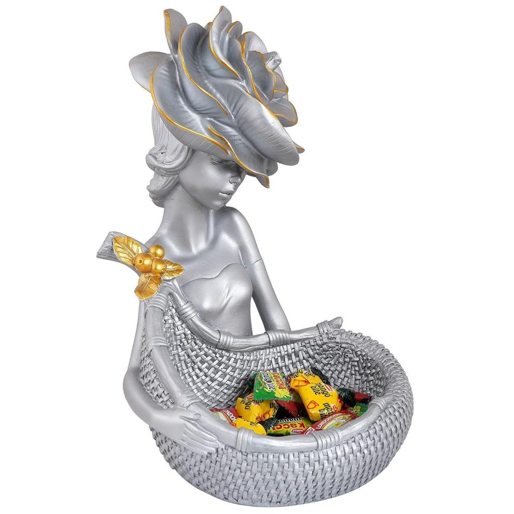 Lady with Basket Showpiece for Home Decor Showpiece & Office Decor Showpiece (11.5" Inch Size, Silver)