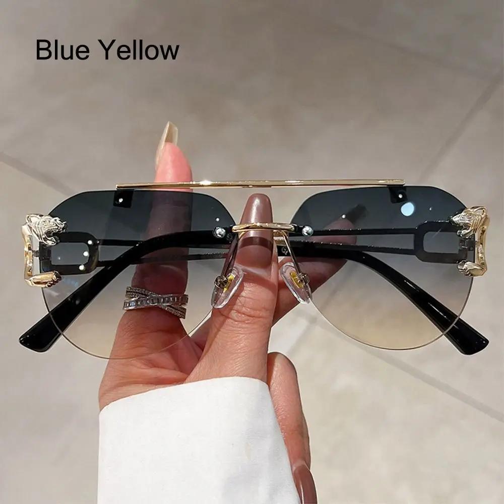 New Rimless Cheetah Decor Sunglasses Gradient UV400 Double Bridge Sun Glasses Shades for Women & Men Lunettes eil Homme