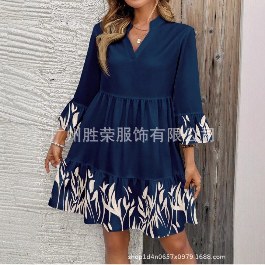 European and American Temperament Elegant Printing Women's Seven-quarter-sleeved V-neck Ruffle Hem Dress Women
