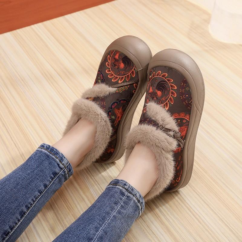 Womens Warm Fuzzy Slippers Shoes With Floral Print PU Sole Cotton Upper Flat Heel Winter Home Wear