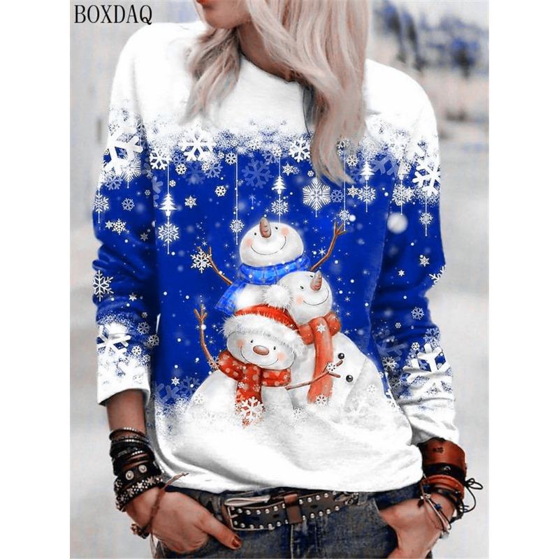 Cartoon Christmas Snowman Women Long Sleeve T-shirts Autumn Winter Christmas Style