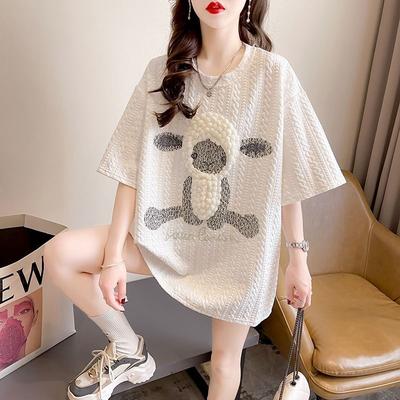 Nueva Tendencia de Moda de Verano Casual Holgada Bordado de Cordero Diamantes Calientes Camiseta de Manga Corta Oversize de Longitud Media