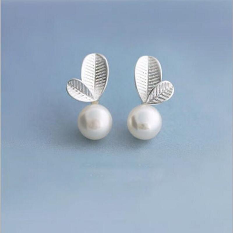 

New Arrival Temperament Fine Fashion 925 Sterling Silver Jewelry Pearl Sweet Cute Leaves Earrings Female Anti-allergic E003 серебряный