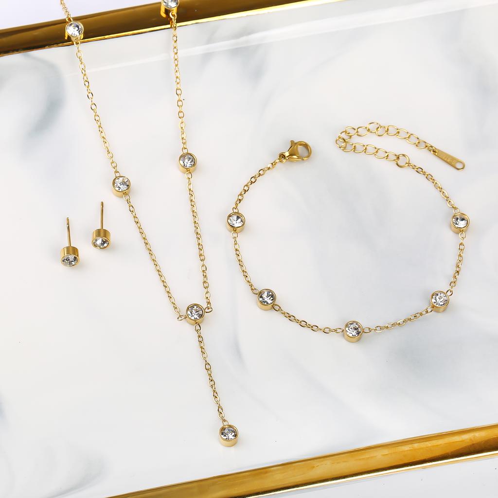Simple 316L Stainless Steel Zirconia Gold Plated Jewelry Set Bracelet Necklace Earrings New Trend Woman Daily Wear Jewelry Gift
