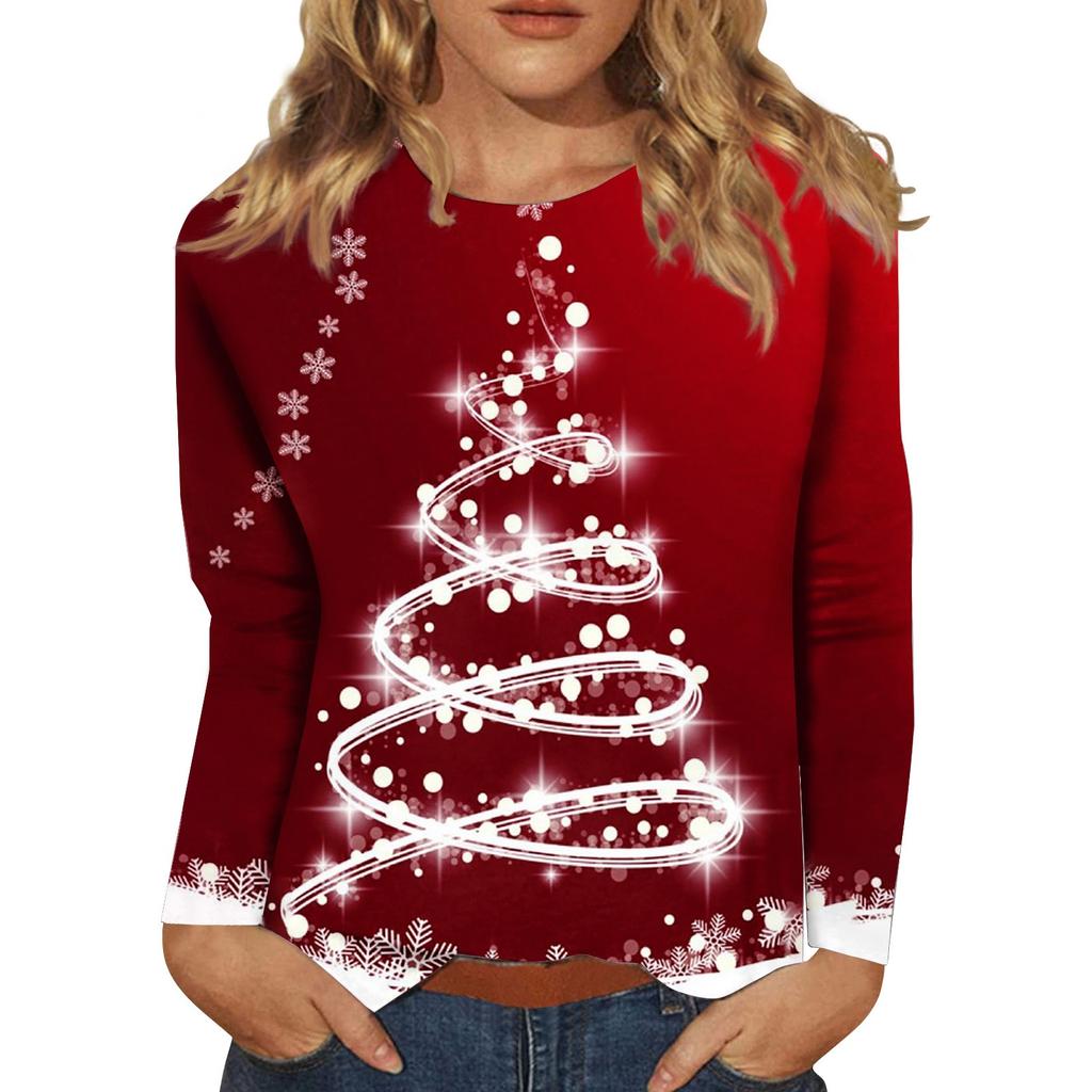 Women's Fashion Casual Long Sleeve Christmas Print Round Neck Pullover Top Blouse